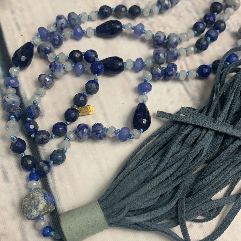 Pink Powder Faceted Bead Necklace with Leather Tassel Prayer Beads